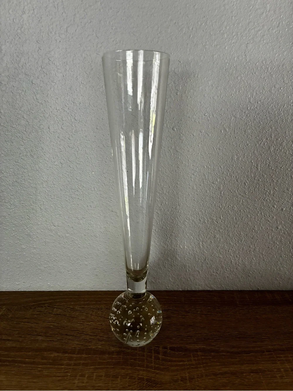 MCM 12” Clear Glass Trumpet Vase Bubble Base Vintage Minimalist